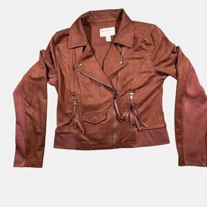 Marrakech Moto Jacket Small Brown Faux Leather Cropped Y2K Boho Stretch Jacket